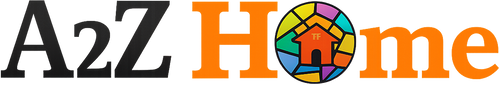 A2Z Home logo featuring the text 'A2Z' in dark gray, 'H' and 'o' in orange, and 'me' in bright orange, with the letter 'o' replaced by a colorful stained-glass-style house and window icon.